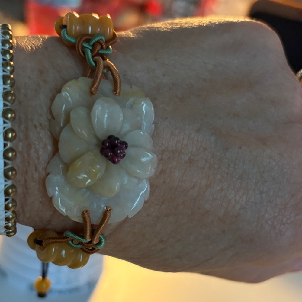 GORGEOUS Yellow Jade  Floral Bracelet on brown adjustable waxed cord